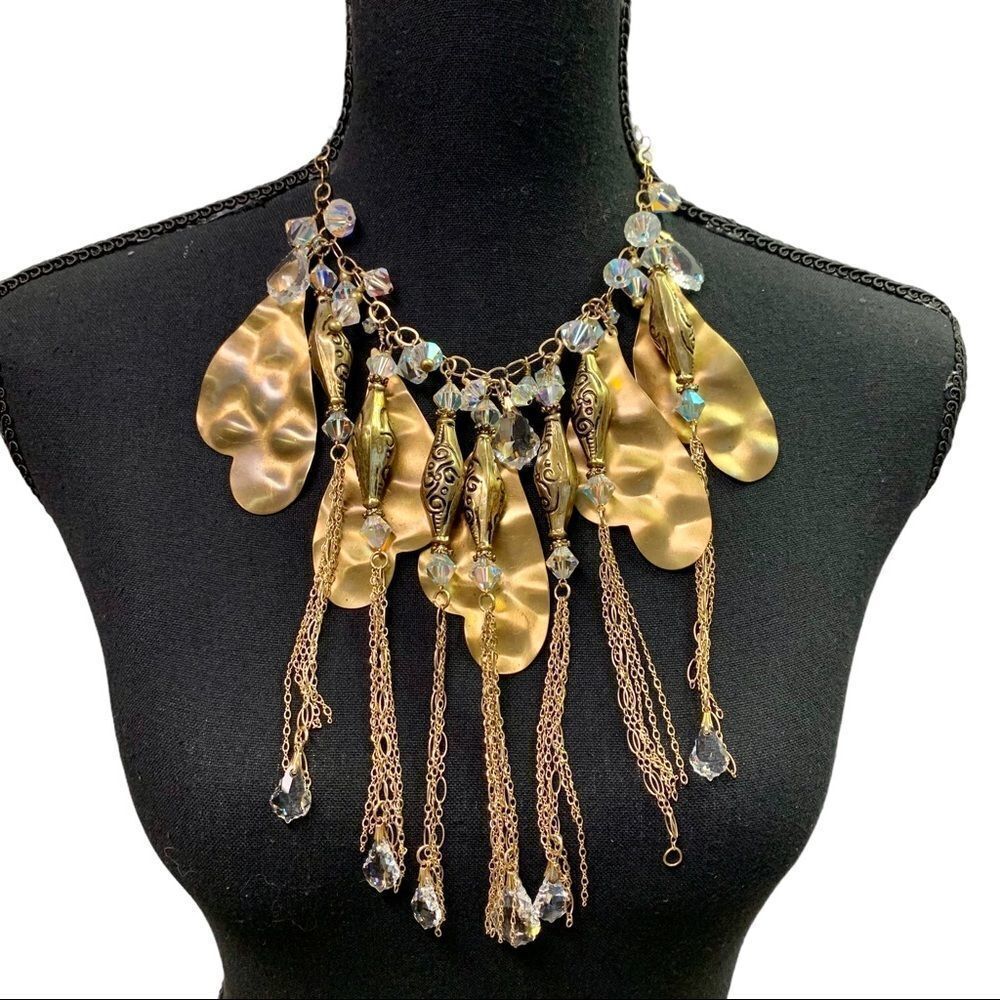𝅺UNIQUE gold bronze brass chunky Swarovski crystal teardrop chain necklace